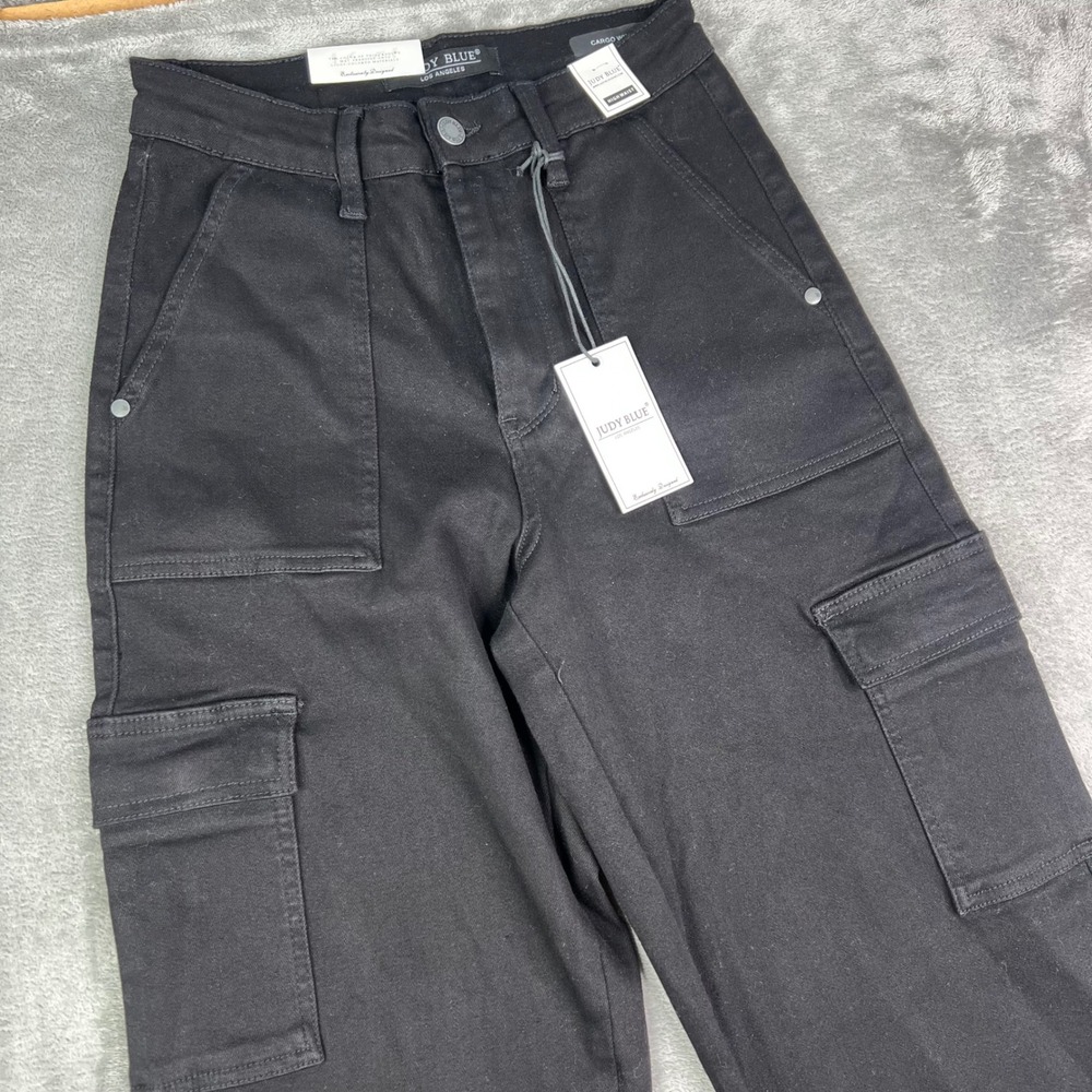Judy Blue Cargo Wide Jeans Womens 5/27 Black Solid High Waist Stretch Utility